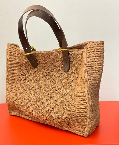 Tasche / Raffia Shopper mit Goldfaden und Ledergriffen