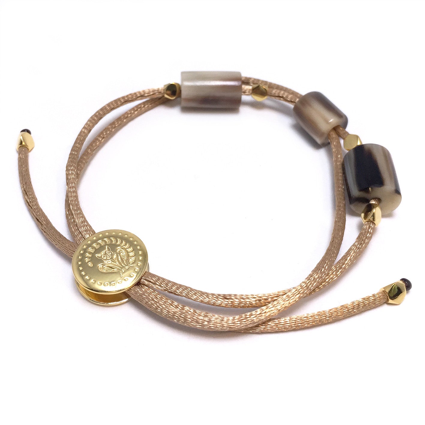 Armband Zebu Horn mit Satin Kordel Sterling Silber / vergoldet