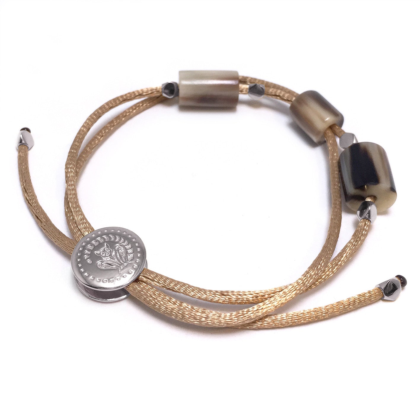 Armband Zebu Horn mit Satin Kordel Sterling Silber / vergoldet